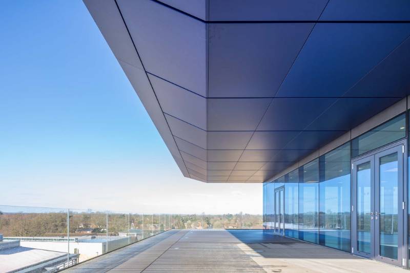 Anodised Raking Fascia Soffit & Feature Fins in Blue