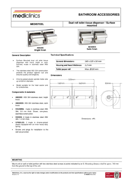 Toilet Tissue Paper Roll Dispenser Spec Sheet - Mediclinics Stainless Steel Double Toilet Roll Holder AI0320C_CS