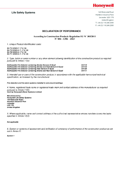 Honeywell Gent S4-715, S4-710, S4-720, S4-711 EN54 Declaration of Performance