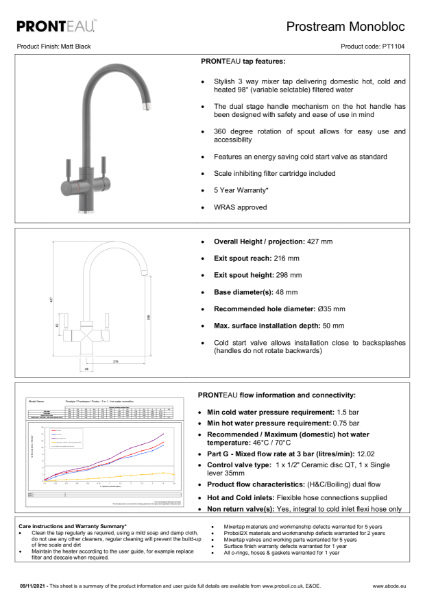 PT1104 Prostream (Matt Black), 3 IN 1 Steaming Hot Water Tap - Consumer Specification