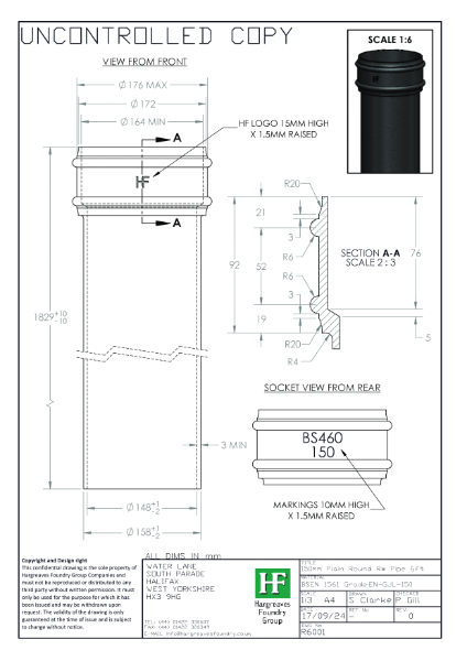 150mm Plain Rainwater Pipe Drawing
