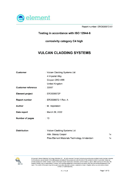 Certificate for VulcaLap Corrosivity Category