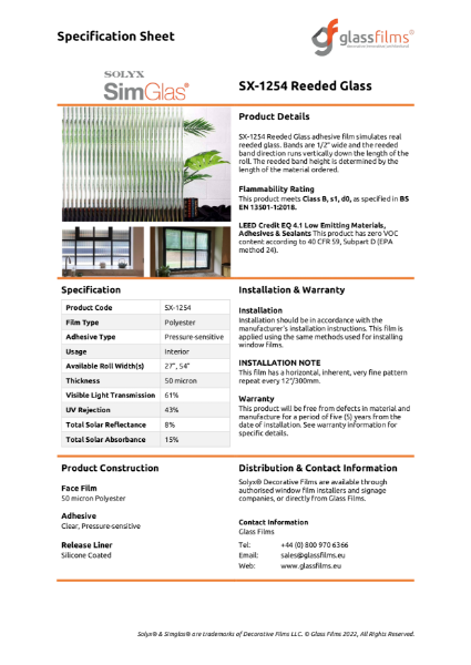 SX-1254 Reeded Glass Specification Sheet