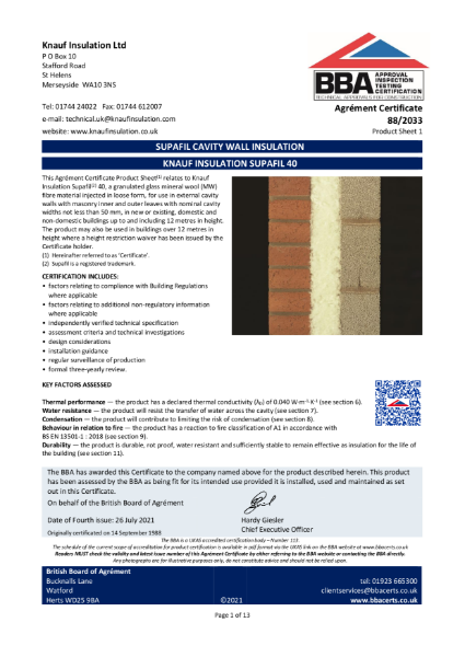 Knauf Insulation Supafil® 40 - BBA Certificate 88/2033