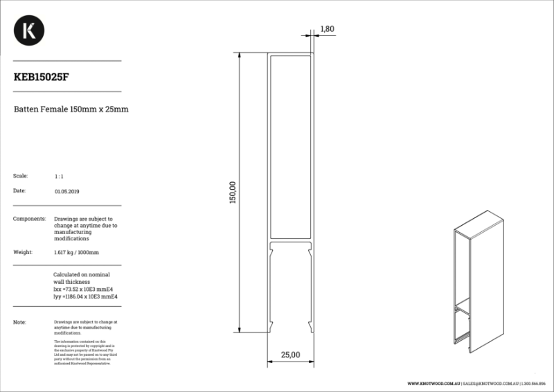 KEB15025F 150 x 25 mm profile (F) batten