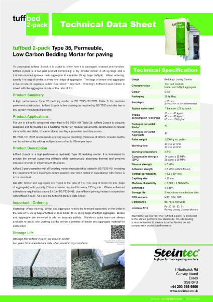 Technical Data - tuffbed 2-pack Type 35 permeable low carbon bedding mortar