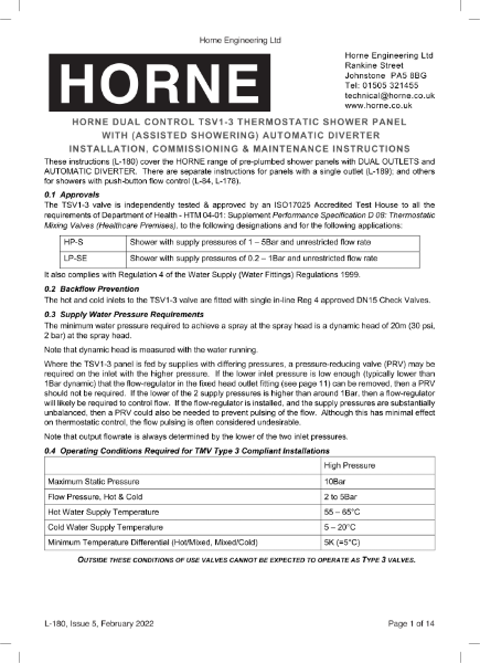 Instructions - Horne TSV1-3  with auto-divert Thermostatic Shower Panels