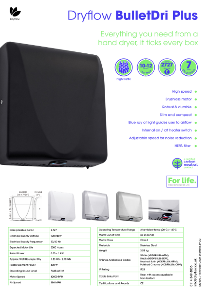 Hand Dryer Spec Sheet - Dryflow® BulletDri PLUS with HEPA Carbon Neutral Hand Dryer