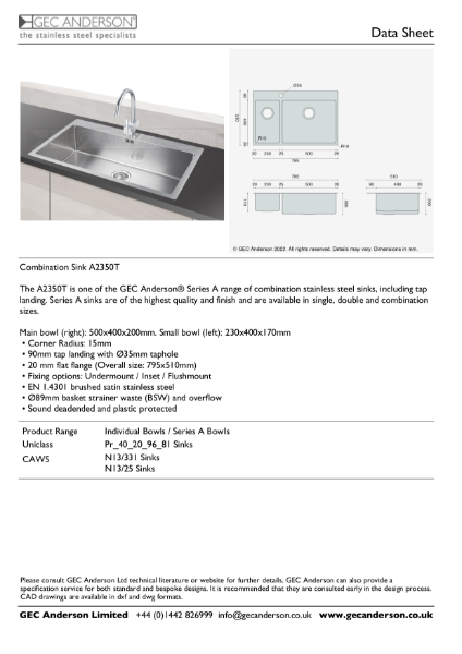 GEC Anderson Data Sheet - Series A sink: A2350T