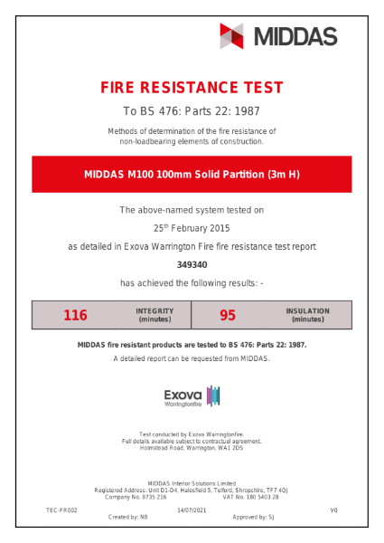 MIDDAS M100 Solid Partition Fire Resistance Certificate 
60mins Integrity / 60mins Insulation EI60. To BS 476: Parts 22: 1987