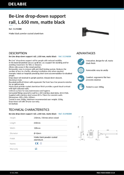 Be-Line Drop-Down Grab Bar - 650 mm - Matte Black Product Data Sheet