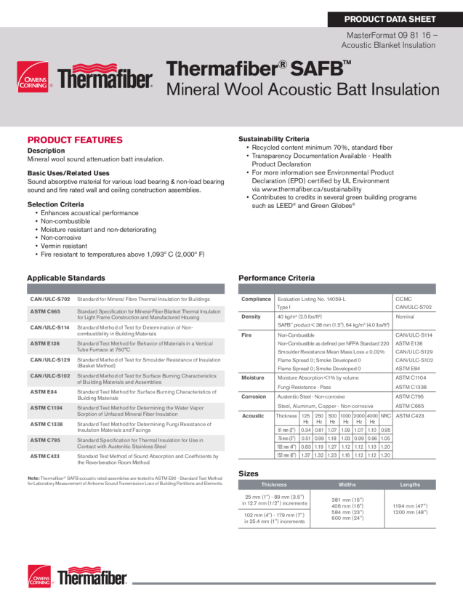 Thermafiber SAFB Mineral Wool Insulation Data Sheet