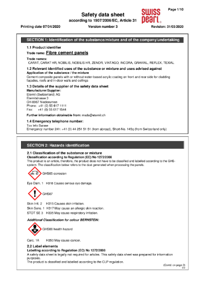 Swisspearl Material Safety Data Sheet
