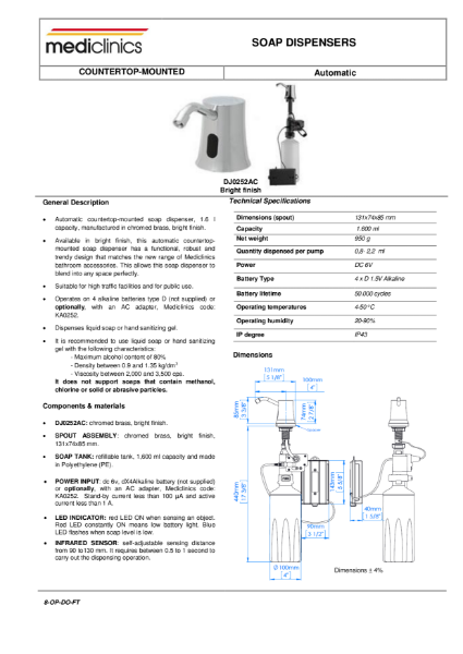 Soap Dispenser Spec Sheet - Mediclinics Recessed Countertop-Mounted Automatic Soap Dispenser DJ0252AC