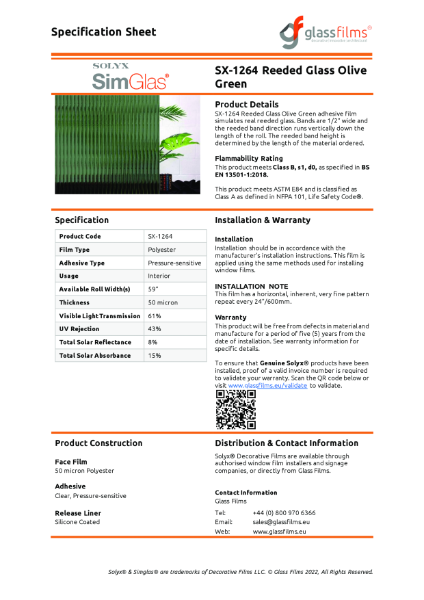 SX-1264 Reeded Glass Olive Green Specification Sheet