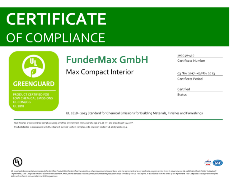 Geschwender Laminate GreenGuard Emissions Test