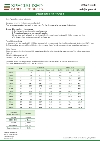 SPP Birch Plywood Datasheet