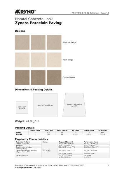 Zynero Porcelain Tiles Data Sheet