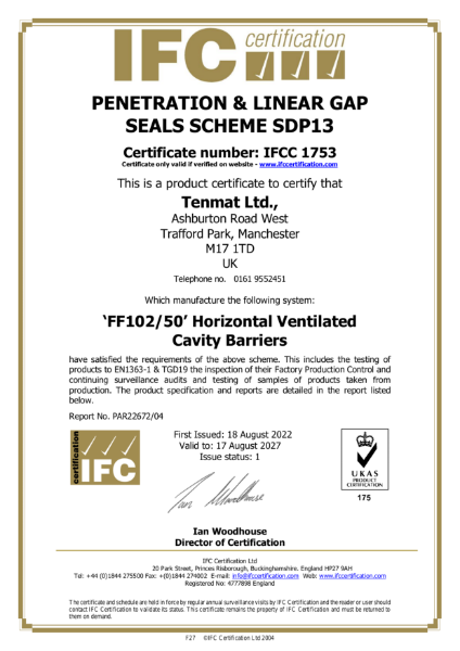 FF102/50 - Ventilated Cavity Fire Barrier 3rd Party Certification