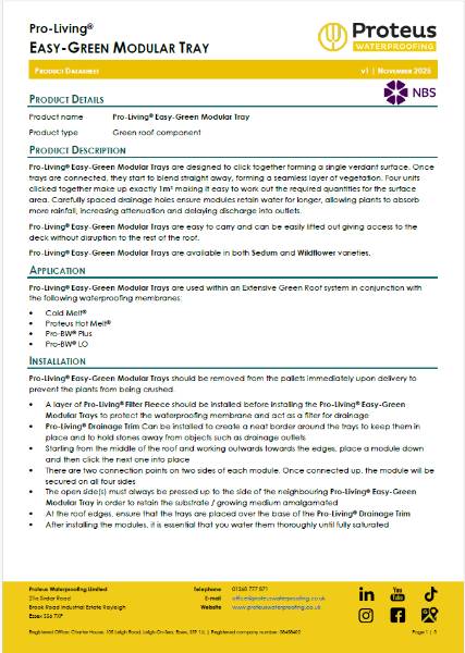 Product Data Sheet - Pro-Living® Easy Green Modular Tray