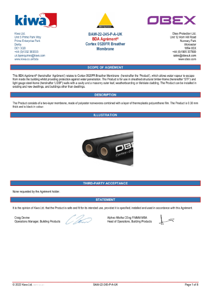 Cortex 0520FR KIWA BDA Agrement Certificate