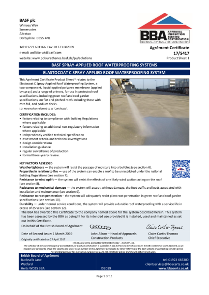 17/5417 ELASTOCOAT C SPRAY-APPLIED ROOF WATERPROOFING SYSTEM