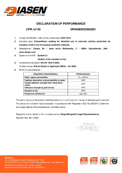 Diasen BKK Eco Declaration of Performance (DOP) EN 1504-2 (UKCA)