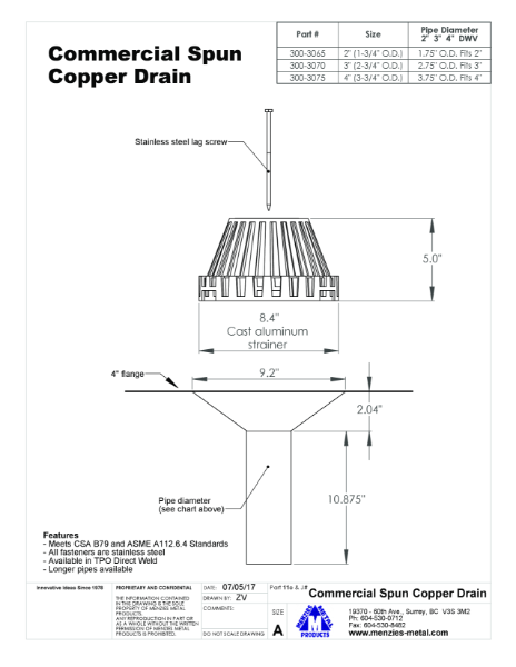 TECHNICAL DRAWING- COMMERCIAL SPUN COPPER DRAIN