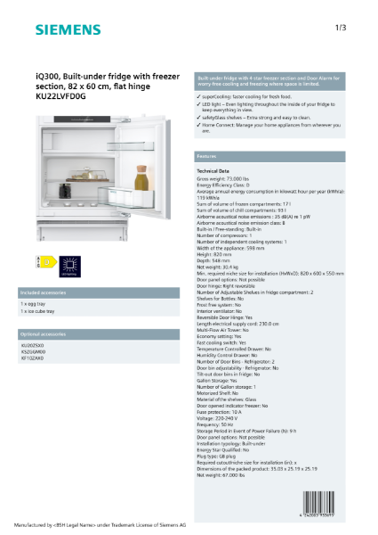 iQ300, Built-under fridge with freezer section, 82 x 60 cm, flat hinge 
KU22LVFD0G