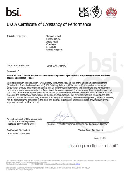 UKCA Certificate of Constancy of Performance – Sertus Pod Original