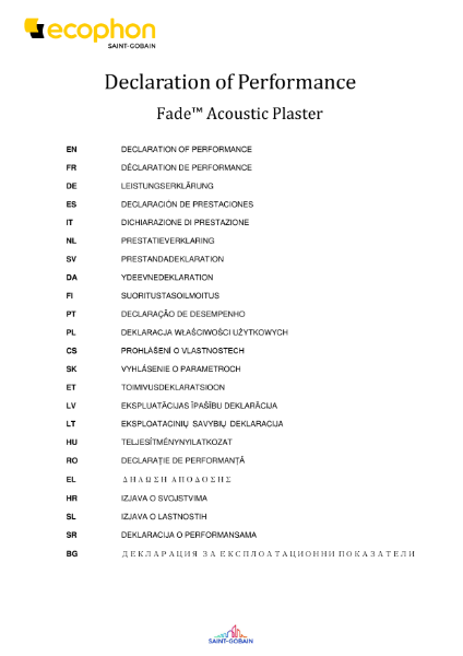 Fade Acoustic Plaster Declaration of Performance Certificate