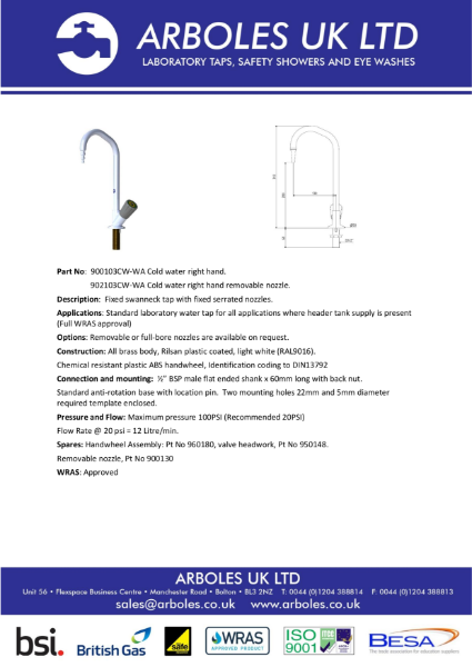 Arboles UK Cold Water Fixed Swan Neck Laboratory Water Tap