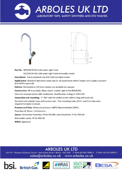 Arboles UK Bench Mounted Cold Water Swan Neck Tap With Removable Nozzle