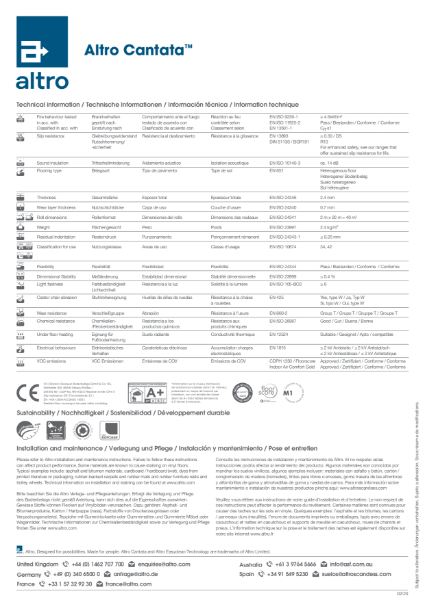 Altro Cantata Technical Data Sheet