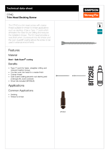 DTHQ: Trim Head Decking Screw Technical Data Sheet