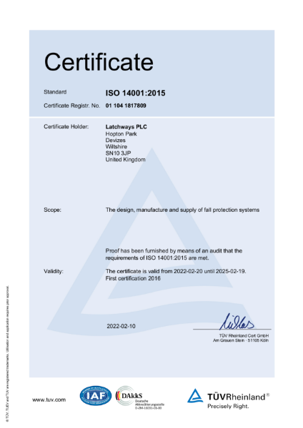 Latchways ISO 14001 - 2015