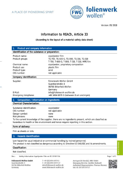 Safety Data Sheet of evguard® MPE Special high performance multi-layer polyester insert for heavy impact and printed laminated safety glass applications