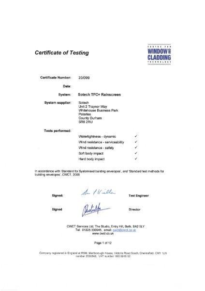 CWCT Certificate for Sotech Optima TFC Through Fix Cassette System