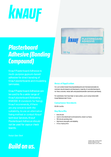 Knauf Plasterboard Adhesive Bonding Compound Product Data Sheet