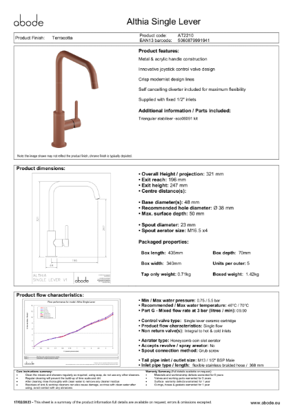 AT2210 Althia, Single Lever. Terracotta. Consumer Specification.