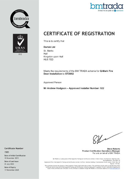 BM TRADA scheme for Q-Mark Fire Door Installation to STD052