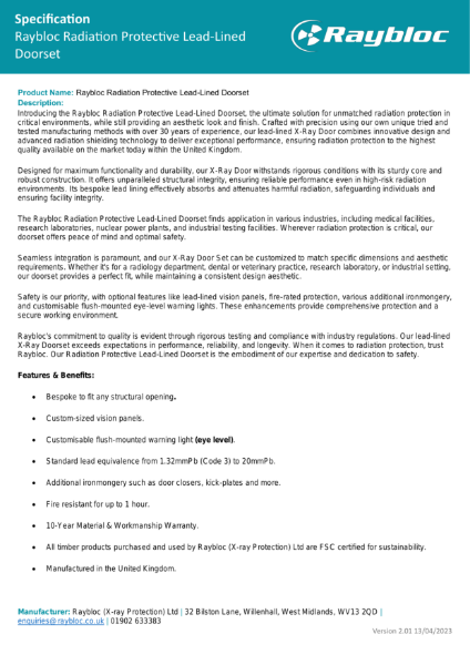 Raybloc Radiation Protective Lead-Lined Doorset - Specification