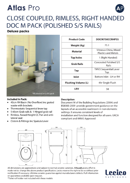 Atlas Pro Rimless DeLuxe Close Coupled DocM Pack Right Hand 40cm Basin Polished Stainless Steel Rails Data Sheet