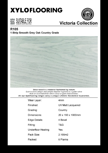 Xylo Flooring - R105
1-Strip Smooth Grey Oak Country Grade