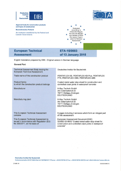 European Technical Assessment For PENTAFLEX - ETA-15/0003