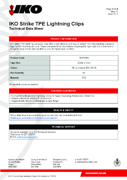 Technical Data Sheet (TDS) - IKO Strike TPE Lightning Clips