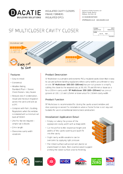 Dacatie SF Multiclosers - cavity closers - 100 to 150mm cavities - Datasheet