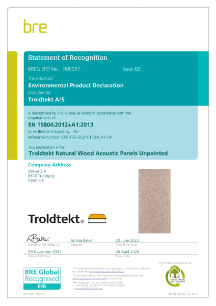 EPD - Troldtekt acoustic panel, 25 mm, natural wood - unpainted