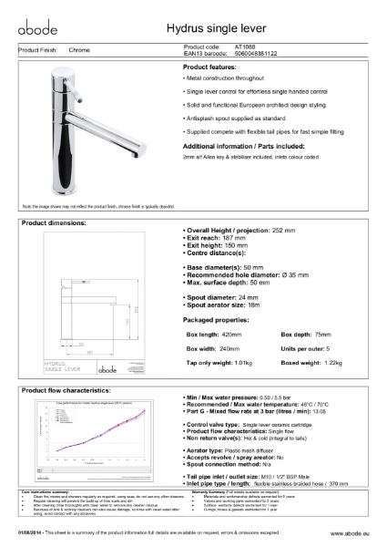 Hydrus Single Lever, Chrome - Consumer Specification
