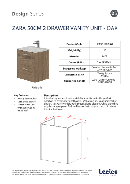 Zara 50 cm 2 Drawer Wall Hung Vanity Unit - Oak